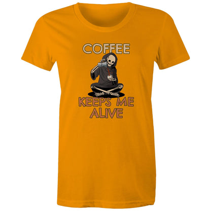 Skeleton, Coffee Keeps Me Alive - Womens T-shirt Orange Womens T-shirt Coffee