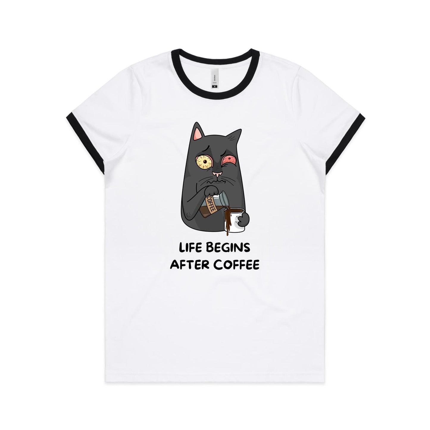 Life Begins After Coffee, Cat - Women's Ringer Tee