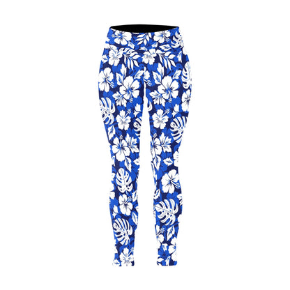 Blue Hawaiian Floral - Womens High Waist Leggings (Sizes 16-22)