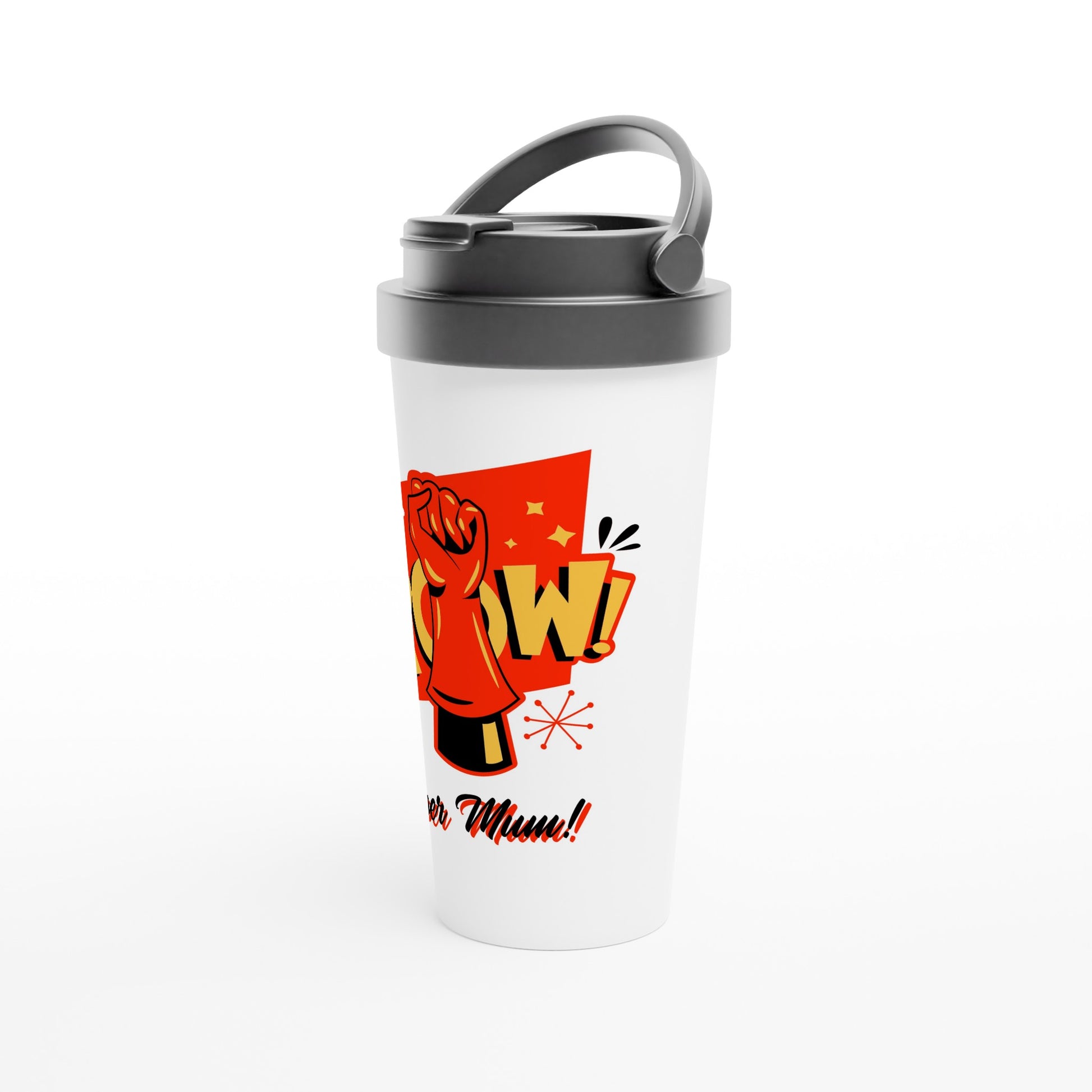 Super Mum - White 15oz Stainless Steel Travel Mug Travel Mug comic Globally Fulfilled Mum