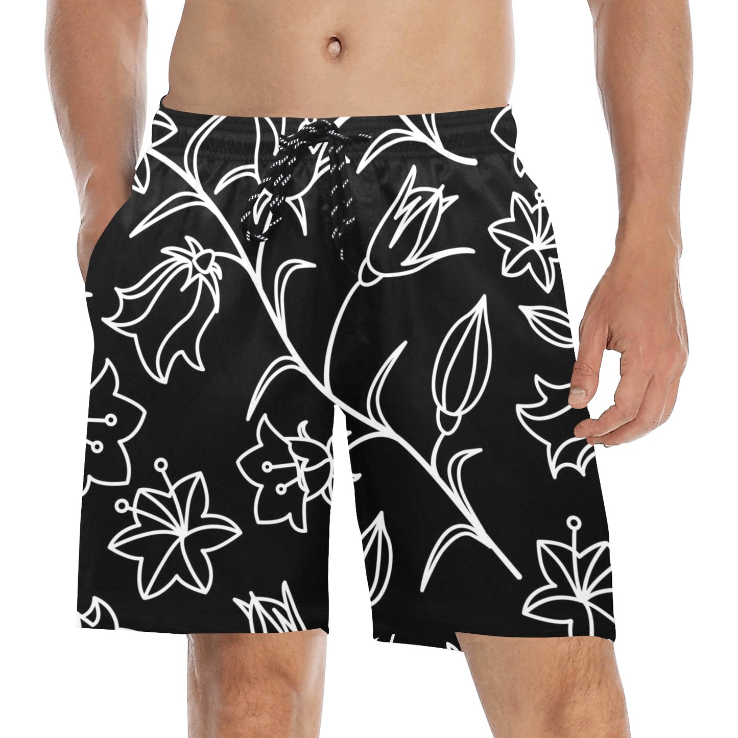 Black And White Floral - Men's Mid-Length Beach Shorts