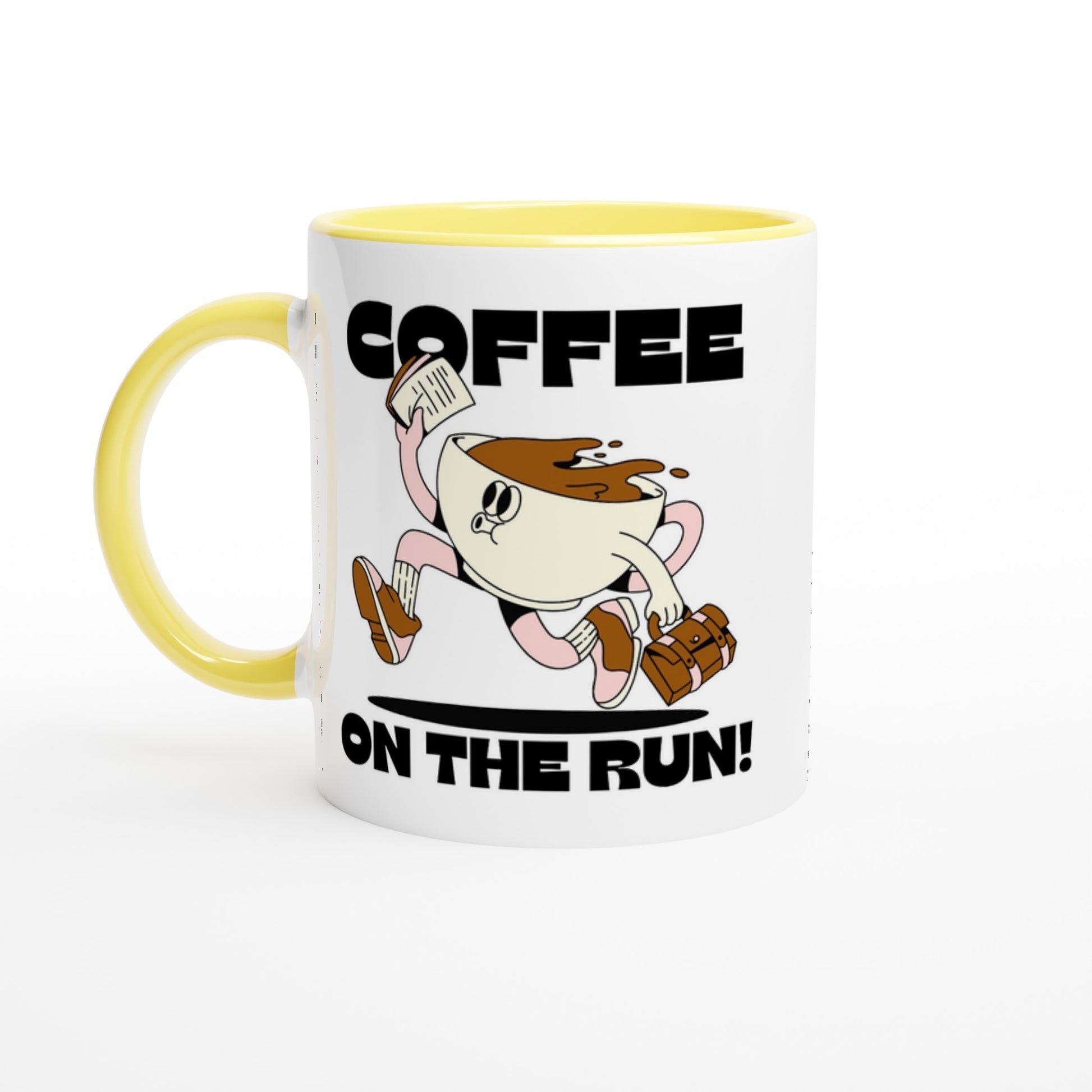 Coffee On The Run - White 11oz Ceramic Mug with Colour Inside Ceramic Yellow Colour 11oz Mug coffee Globally Fulfilled retro