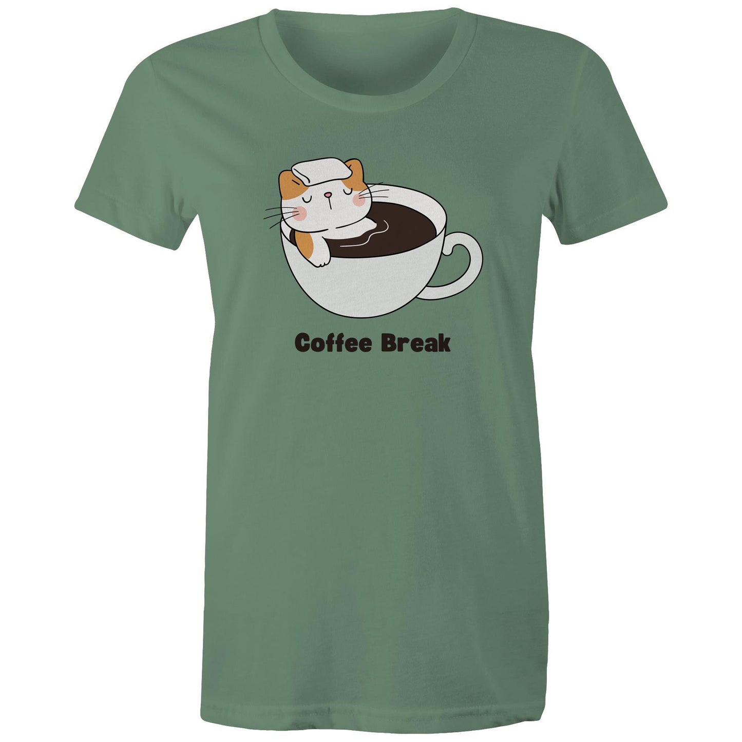 Cat Coffee Break - Womens T-shirt Sage Womens T-shirt animal Coffee Printed In Australia