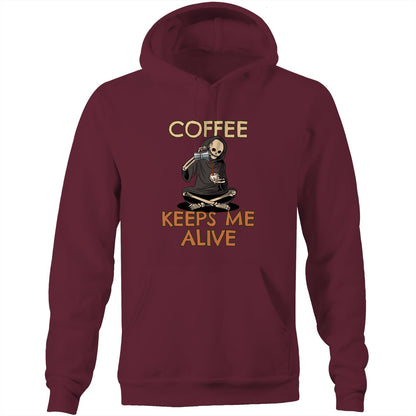 Skeleton, Coffee Keeps Me Alive - Pocket Hoodie Sweatshirt Burgundy Hoodie Coffee