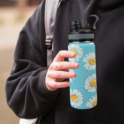 Daisies On Blue - Insulated Water Bottle with Dual-Use Lid (18oz) Insulated Water Bottle with Dual-Use Lid (18oz) Printed Offshore