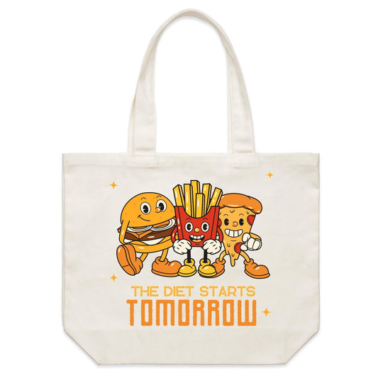 The Diet Starts Tomorrow, Hamburger, Pizza, Fries - Shoulder Canvas Tote Bag Default Title Shoulder Tote Bag Food Funny Retro