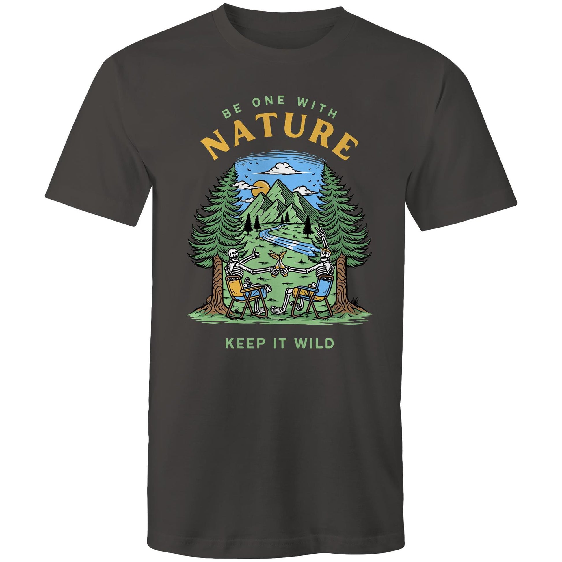 Be One With Nature, Skeleton - Mens T-Shirt Charcoal Mens T-shirt Environment Summer