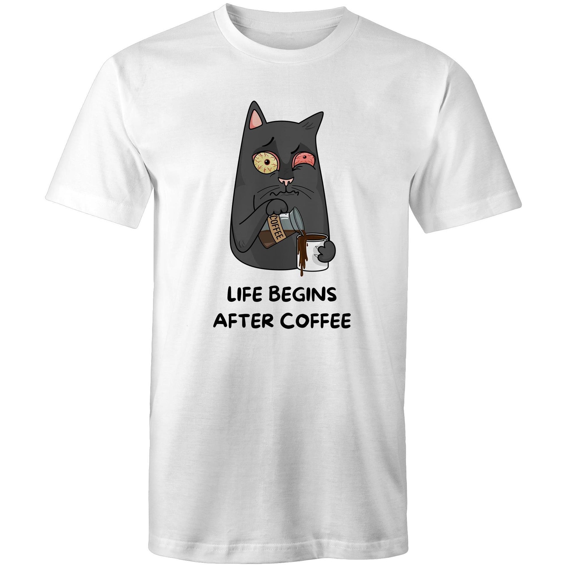 Cat, Life Begins After Coffee - Mens T-Shirt White Mens T-shirt animal Coffee Funny