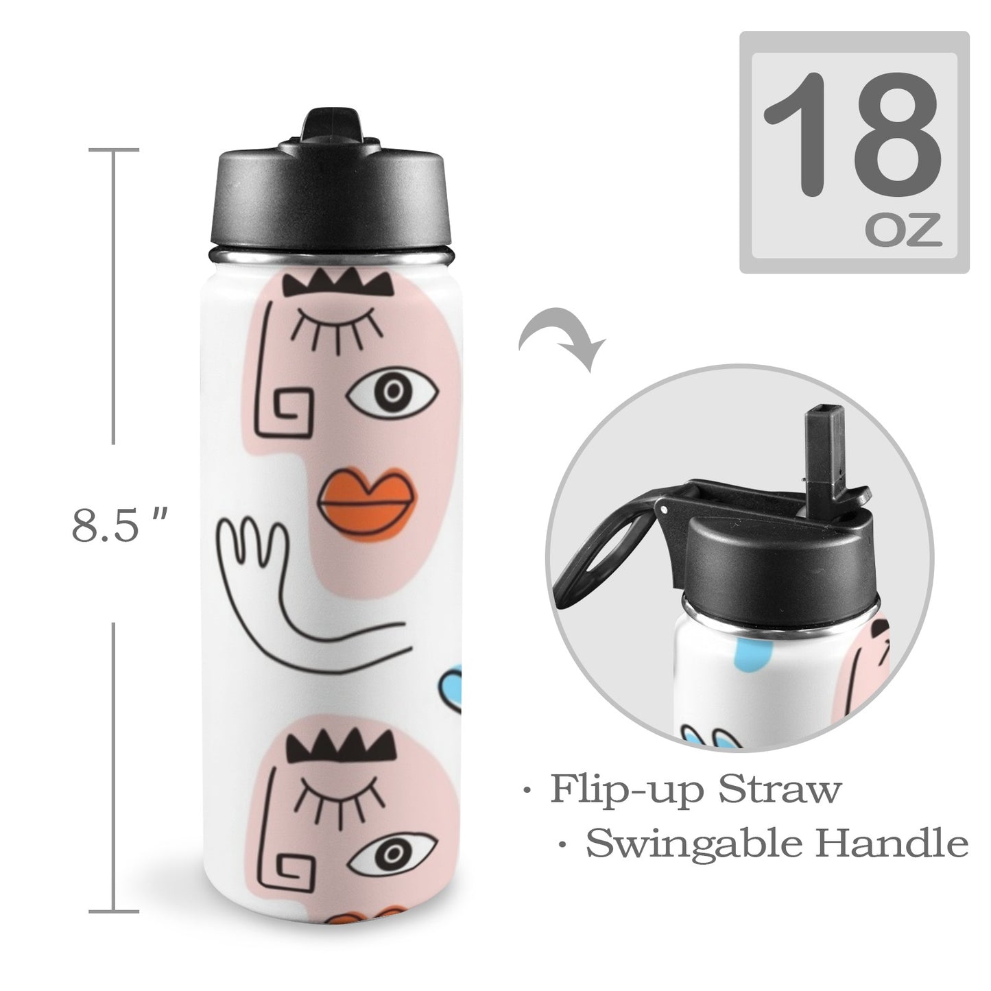 Faces - Insulated Water Bottle with Straw Lid (18oz) Insulated Water Bottle with Swing Handle Printed Offshore