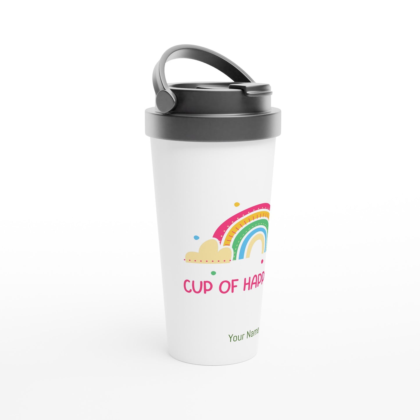 Personalised - Cup Of Happiness, Rainbow - White 15oz Stainless Steel Travel Mug Personalised Travel Mug Coffee Positivity