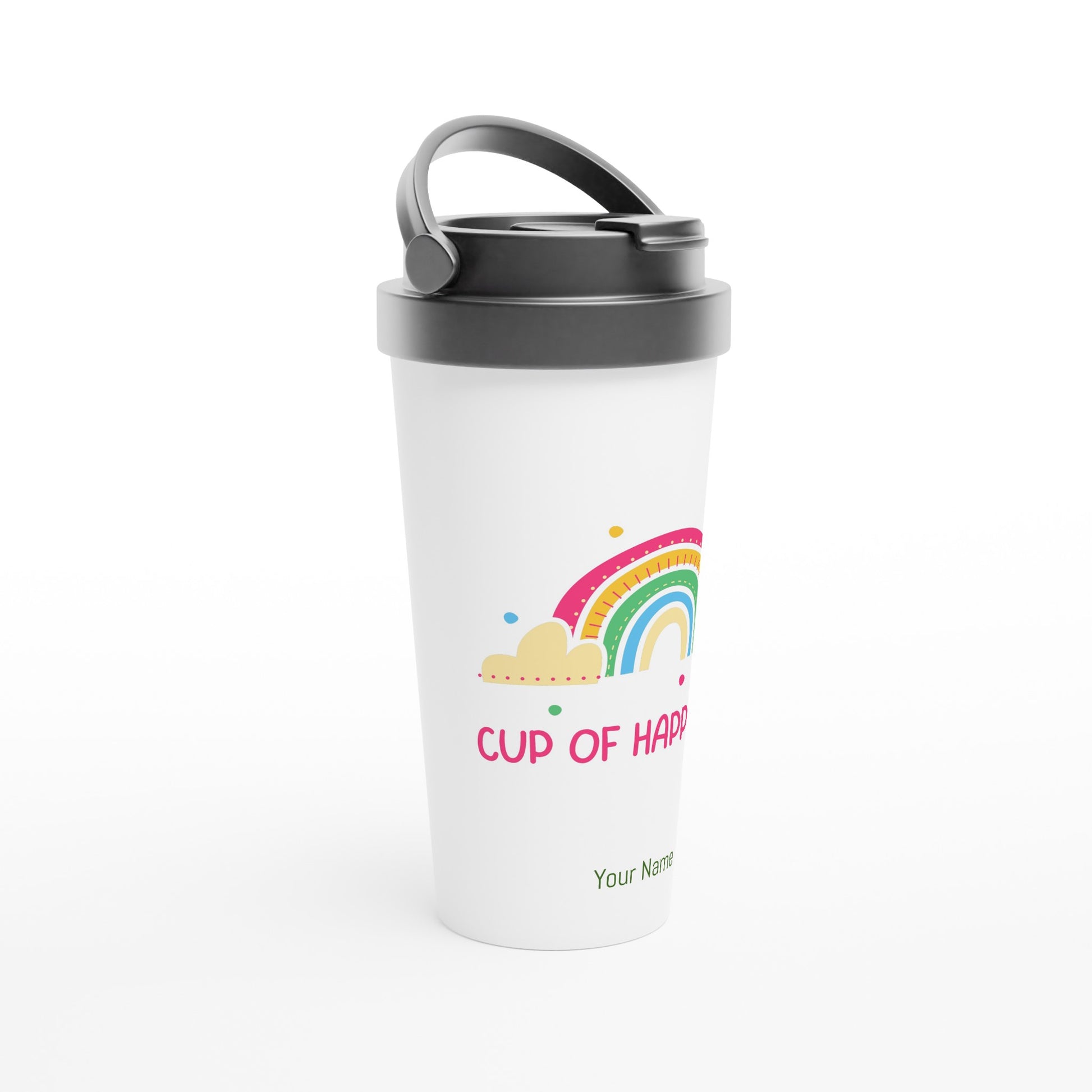 Personalised - Cup Of Happiness, Rainbow - White 15oz Stainless Steel Travel Mug Personalised Travel Mug Coffee Globally Fulfilled Positivity