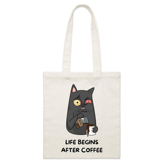 Cat, Life Begins After Coffee - Parcel Canvas Tote Bag Default Title Parcel Tote Bag animal Coffee