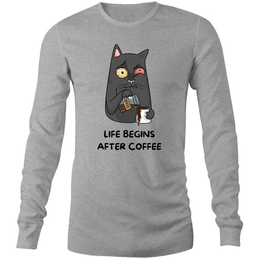 Cat, Life Begins After Coffee - Long Sleeve T-Shirt Grey Marle Unisex Long Sleeve T-shirt animal Coffee