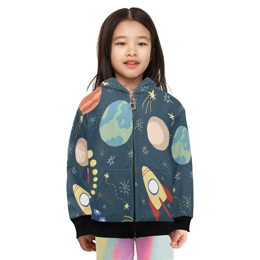 Rocket and Planets In Space - Junior Girls Zip Up Hoodie