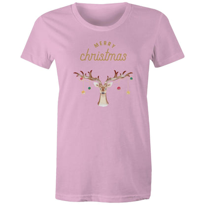 Merry Christmas Reindeer - Womens T-shirt Pink Christmas Womens T-shirt Merry Christmas
