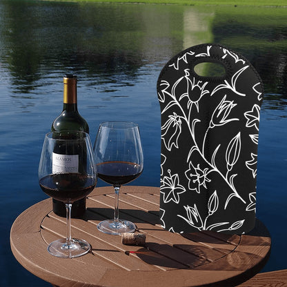 Black And White Floral - 2-Bottle Neoprene Wine Bag 2 Bottle Wine Bag Plants Printed Offshore