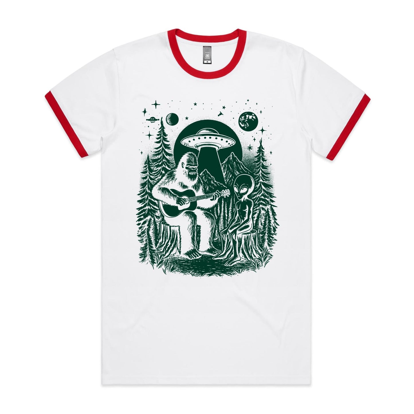 Alien And Bigfoot Playing Guitar - Staple Ringer Tee