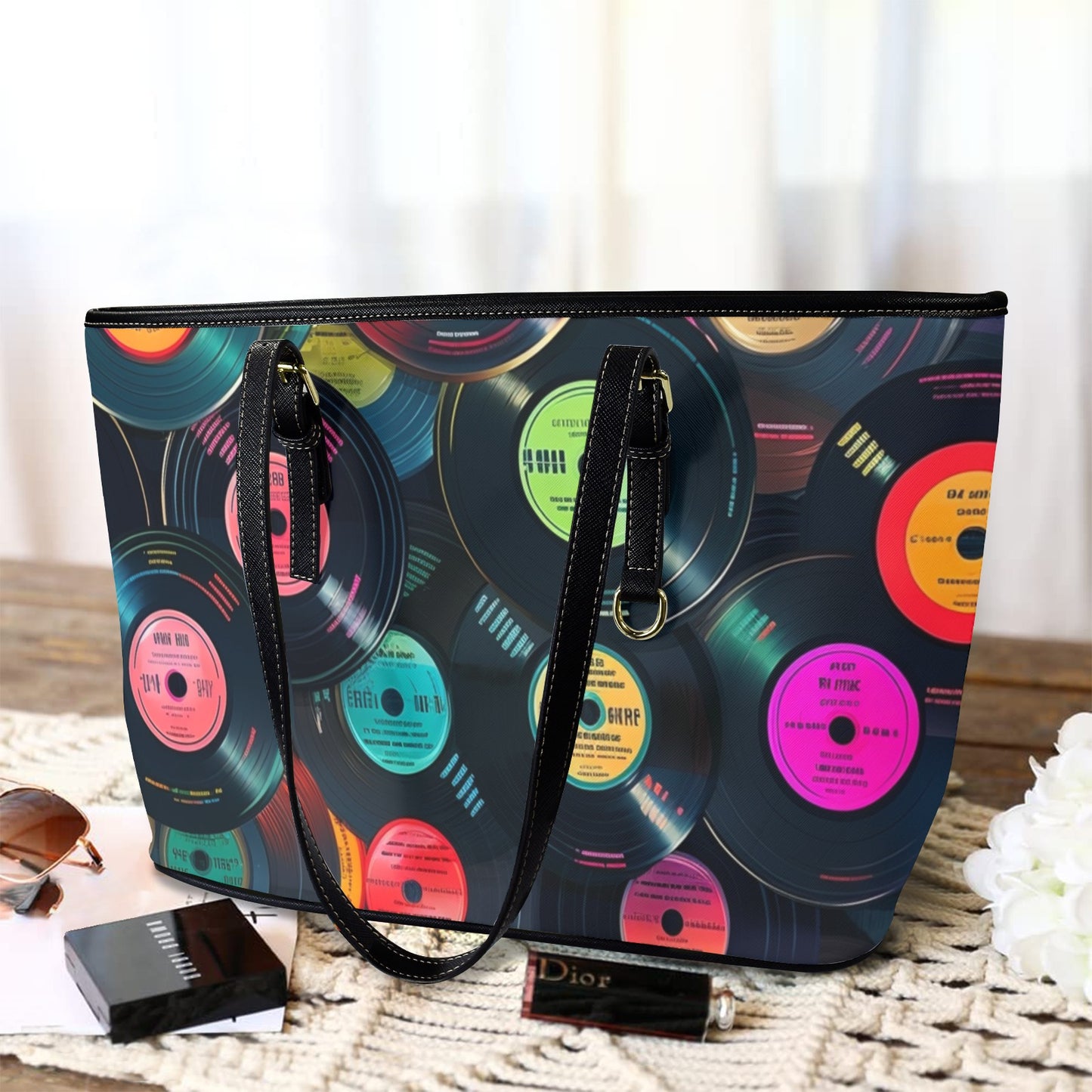 Retro Vinyl Records - Leather Tote Bag-Large