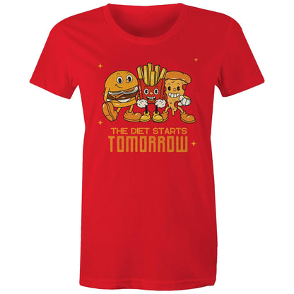 The Diet Starts Tomorrow, Hamburger, Fries, Pizza - Womens T-shirt