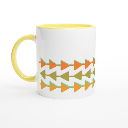 Retro Triangles - White 11oz Ceramic Mug with Color Inside Ceramic Yellow Colour 11oz Mug Retro