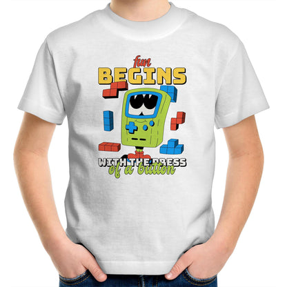 Fun Begins With The Press Of A Button, Video Game - Kids Youth T-Shirt