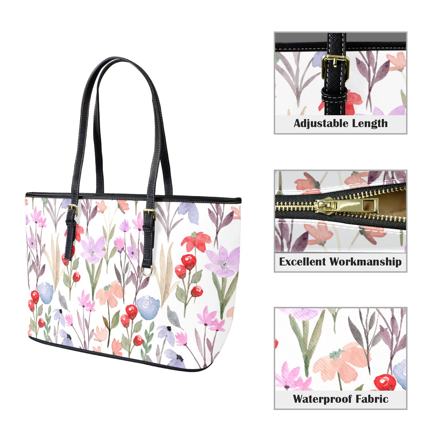 Floral Watercolour - Leather Tote Bag-Large