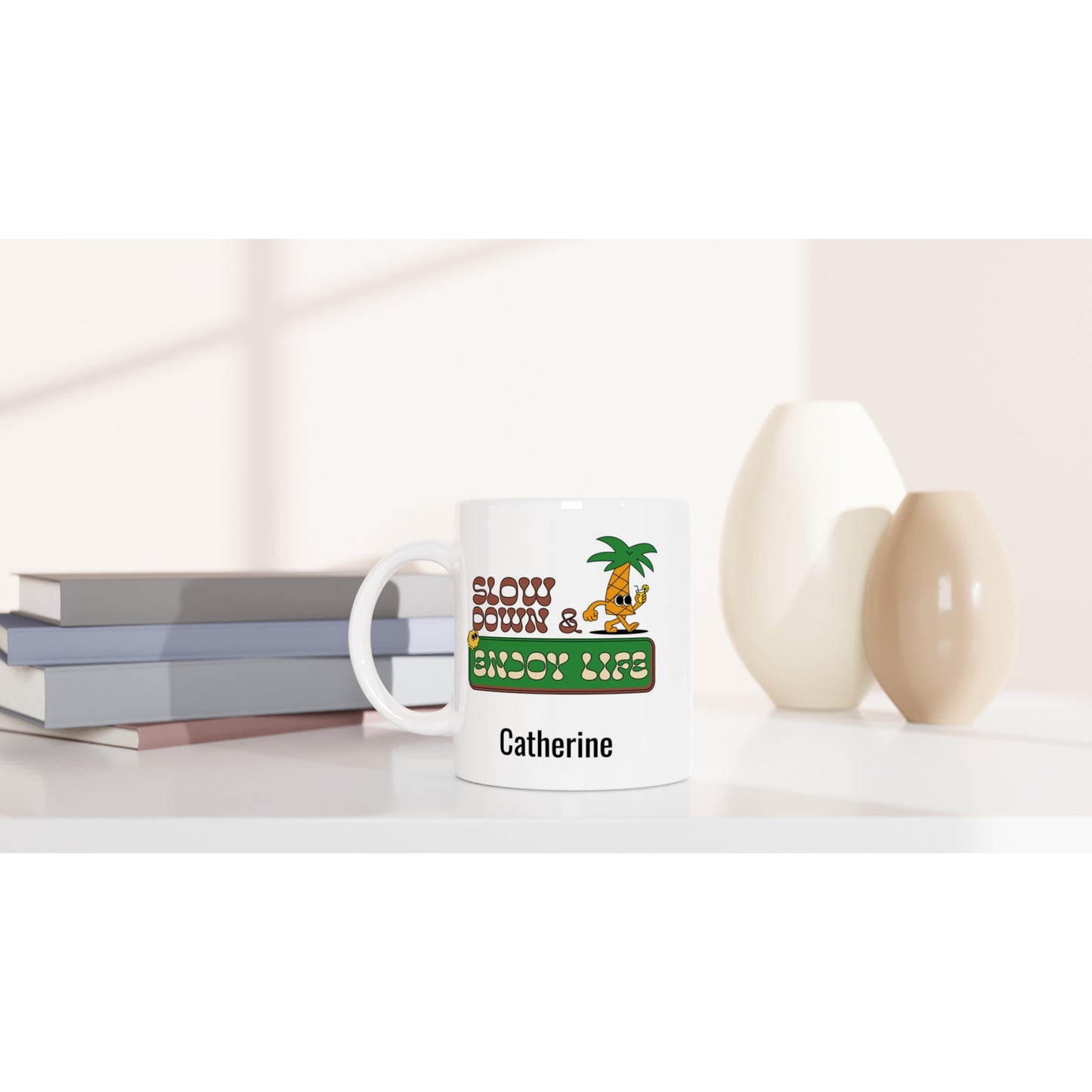 Personalise - Slow Down And Enjoy Life - White 11oz Ceramic Mug Personalised Mug customise Globally Fulfilled personalise Retro