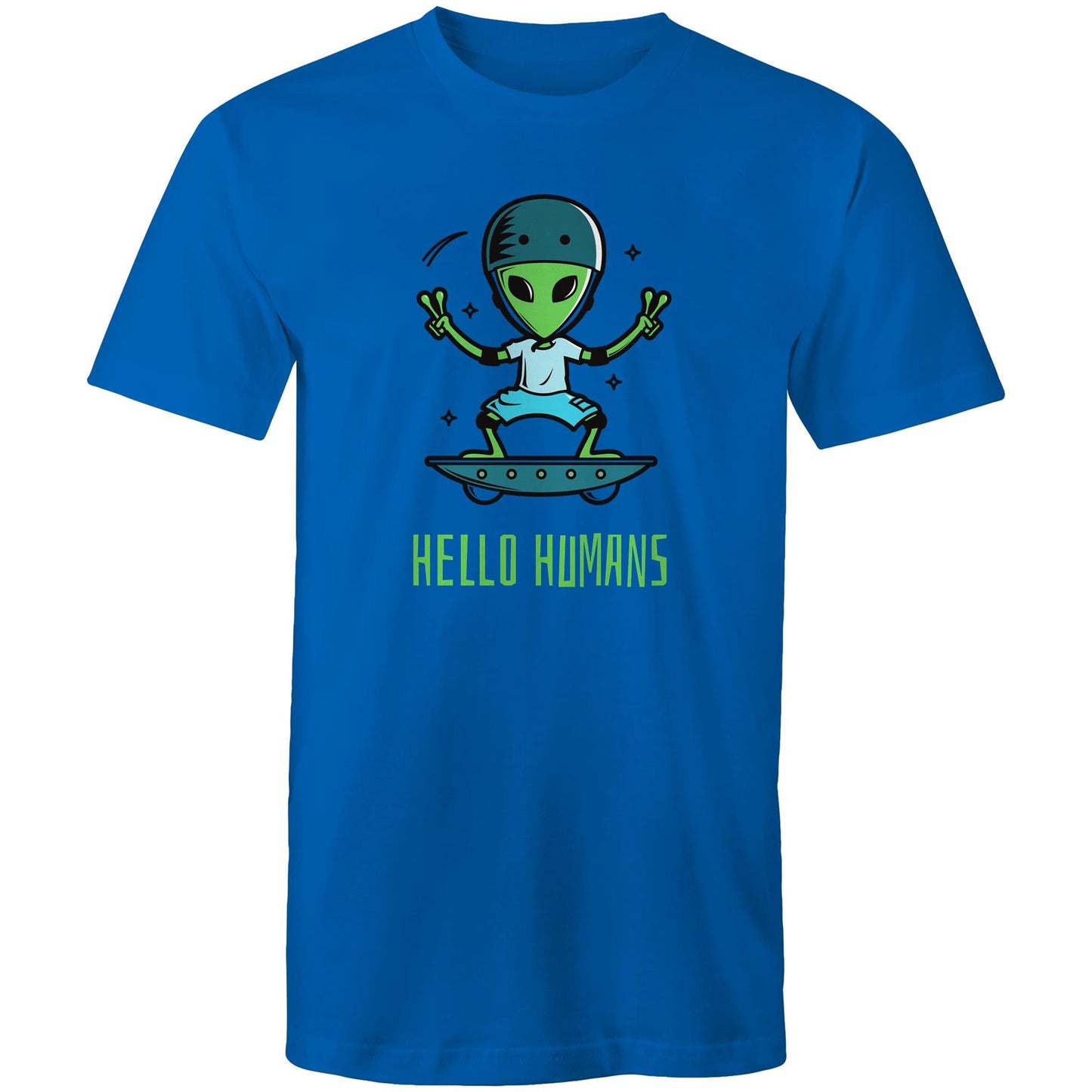 Hello Humans, Alien - Mens T-Shirt Bright Royal Mens T-shirt Printed In Australia Sci Fi