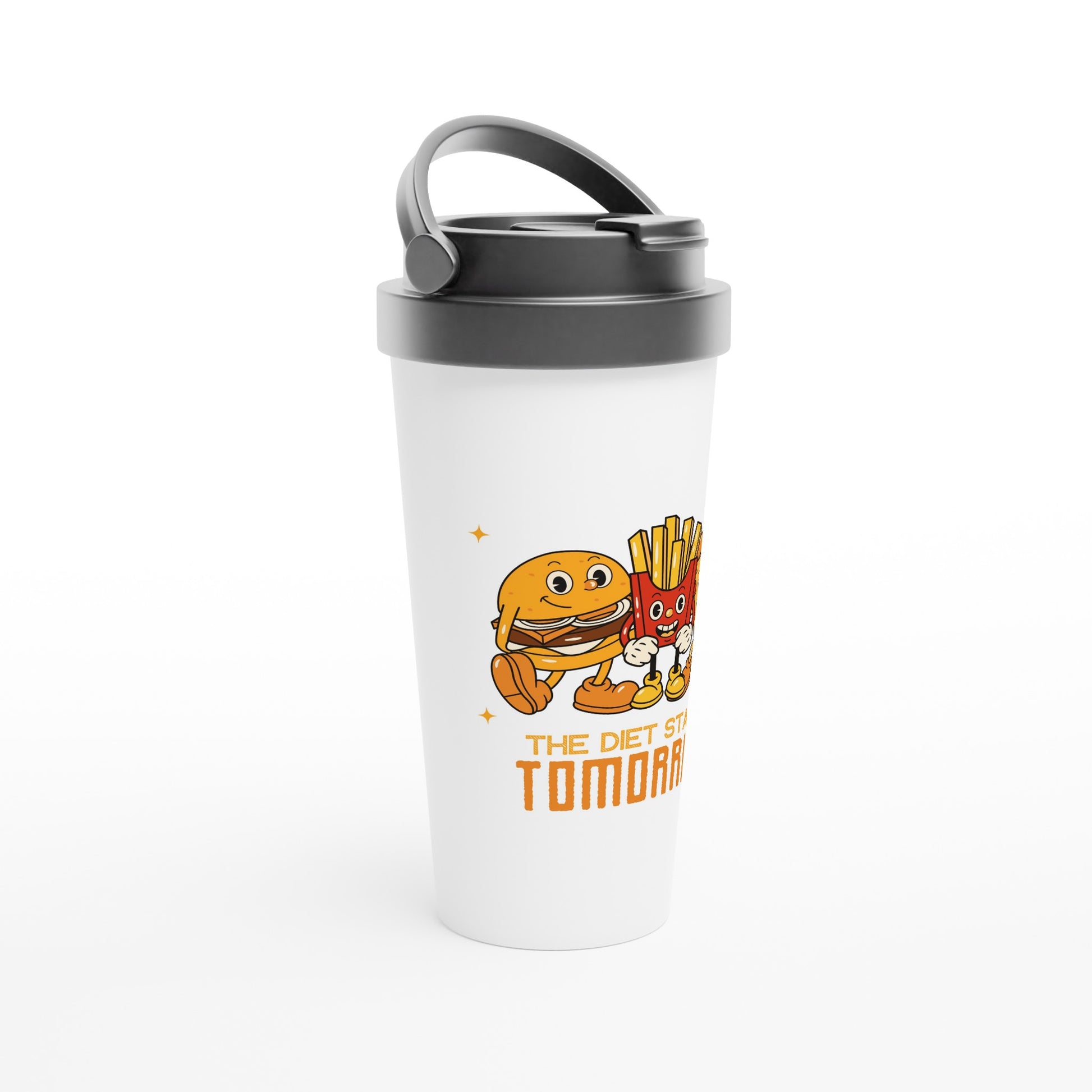 The Diet Starts Tomorrow, Hamburger, Pizza, Fries - White 15oz Stainless Steel Travel Mug Travel Mug Food Globally Fulfilled Retro