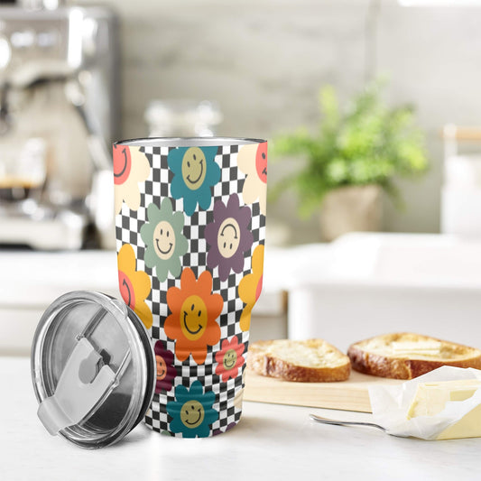 Happy Retro Flowers - 30oz Insulated Stainless Steel Mobile Tumbler