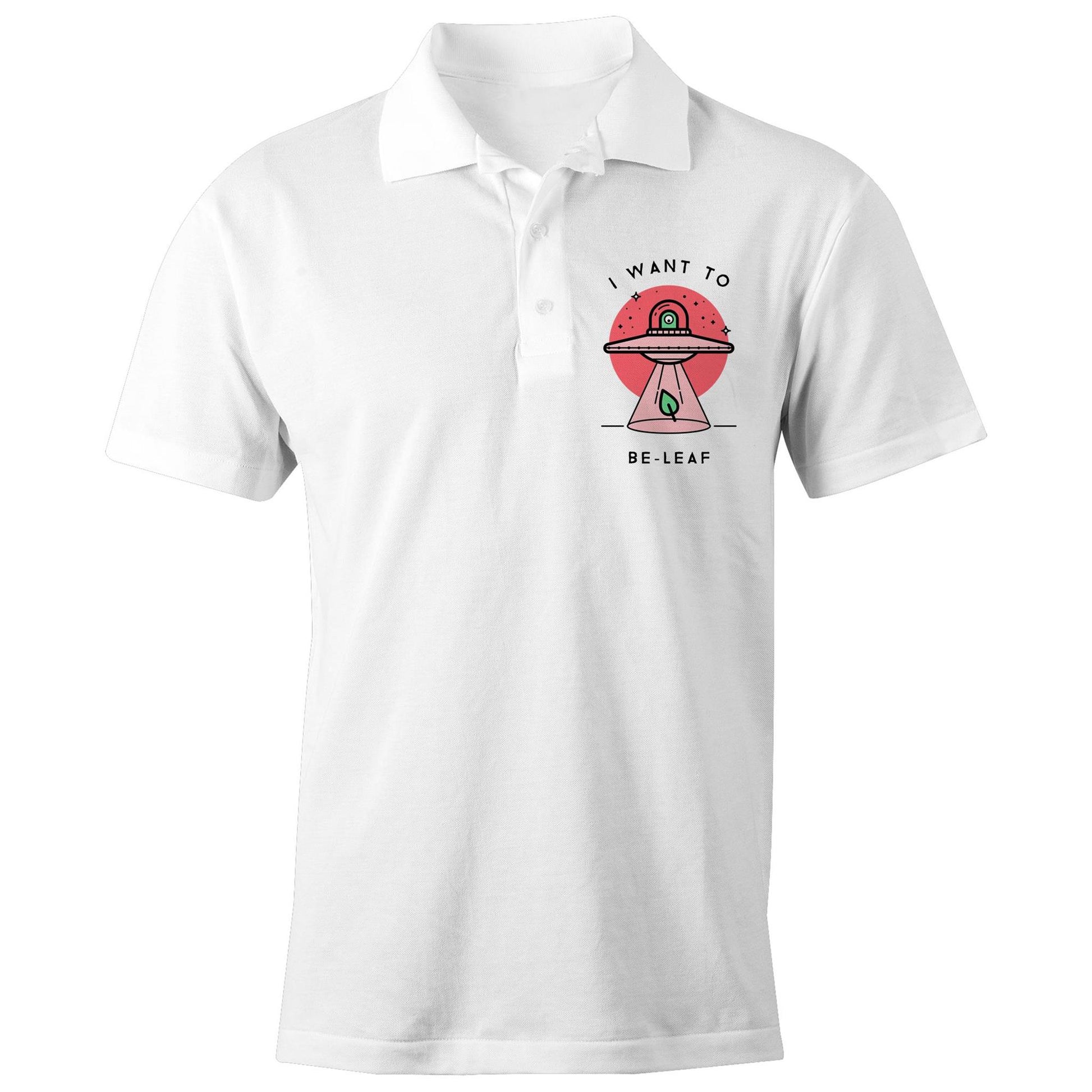 UFO, I Want To Be-Leaf - Chad S/S Polo Shirt, Printed White Polo Shirt Sci Fi