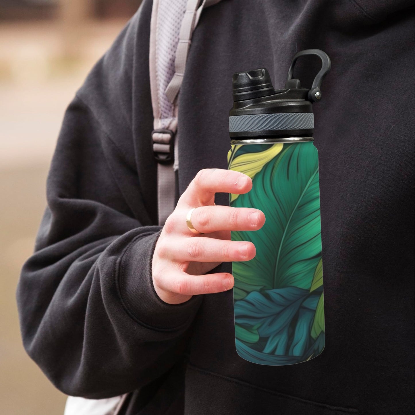 Tropical Leaves - Insulated Water Bottle with Dual-Use Lid (18oz)