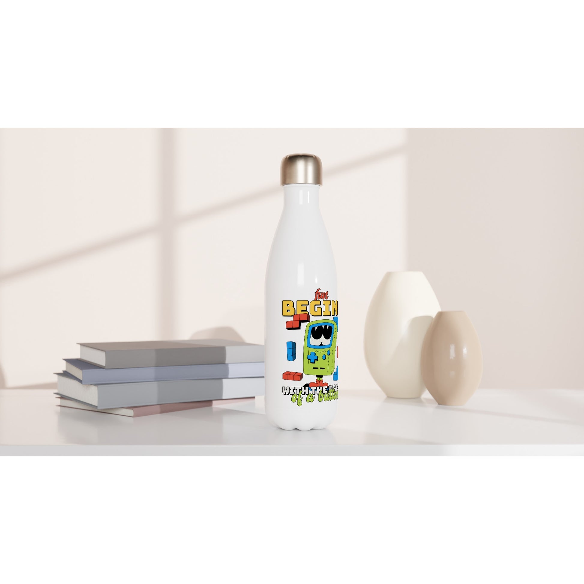 Fun Begins With The Press Of A Button - White 17oz Stainless Steel Water Bottle White Water Bottle Games