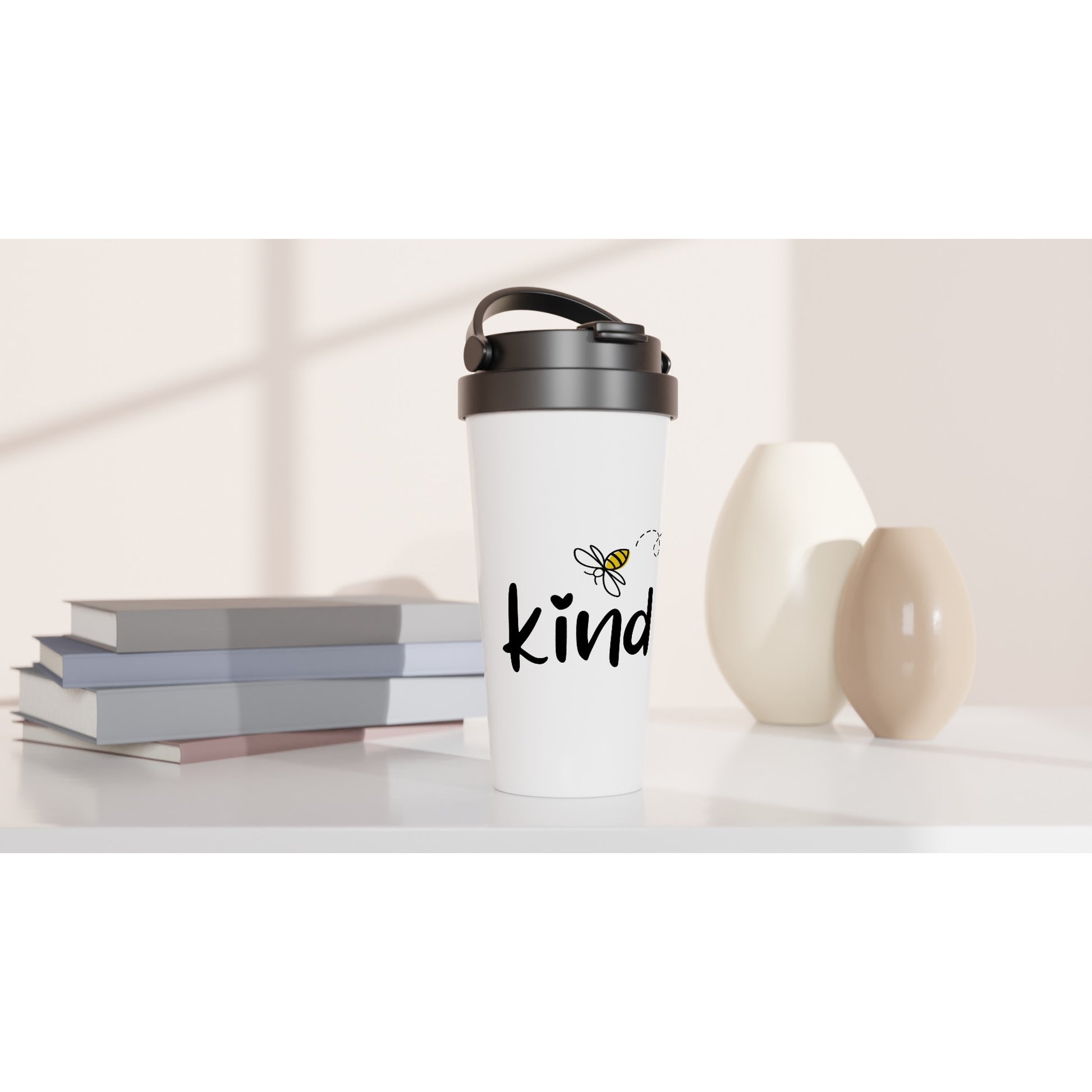 Bee Kind - White 15oz Stainless Steel Travel Mug Travel Mug Globally Fulfilled Kindness Positivity