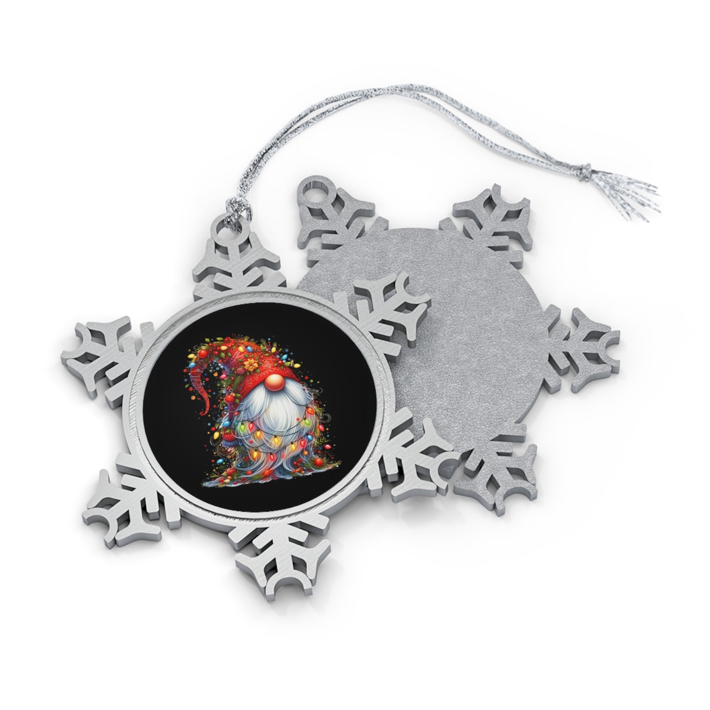 Christmas Gnome Wrapped In Lights - Pewter Snowflake Ornament