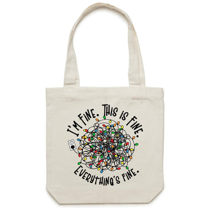 Tangled Christmas Lights, I'm Fine, This Is Fine, Everything's Fine - Canvas Tote Bag Cream One Size Christmas Tote Bag Christmas Printed In Australia