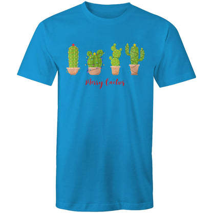 Merry Cactus, Christmas - Mens T-Shirt Arctic Blue Mens Christmas T-shirt Christmas Printed In Australia