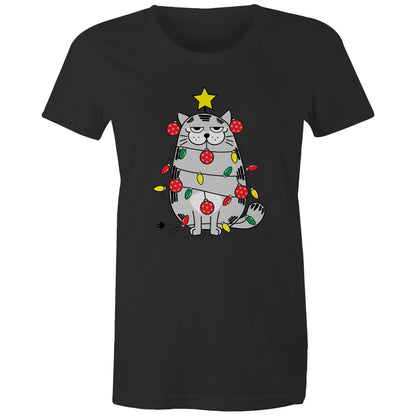 Cat Christmas Lights - Womens T-shirt Black Womens Christmas T-shirt Christmas Printed In Australia