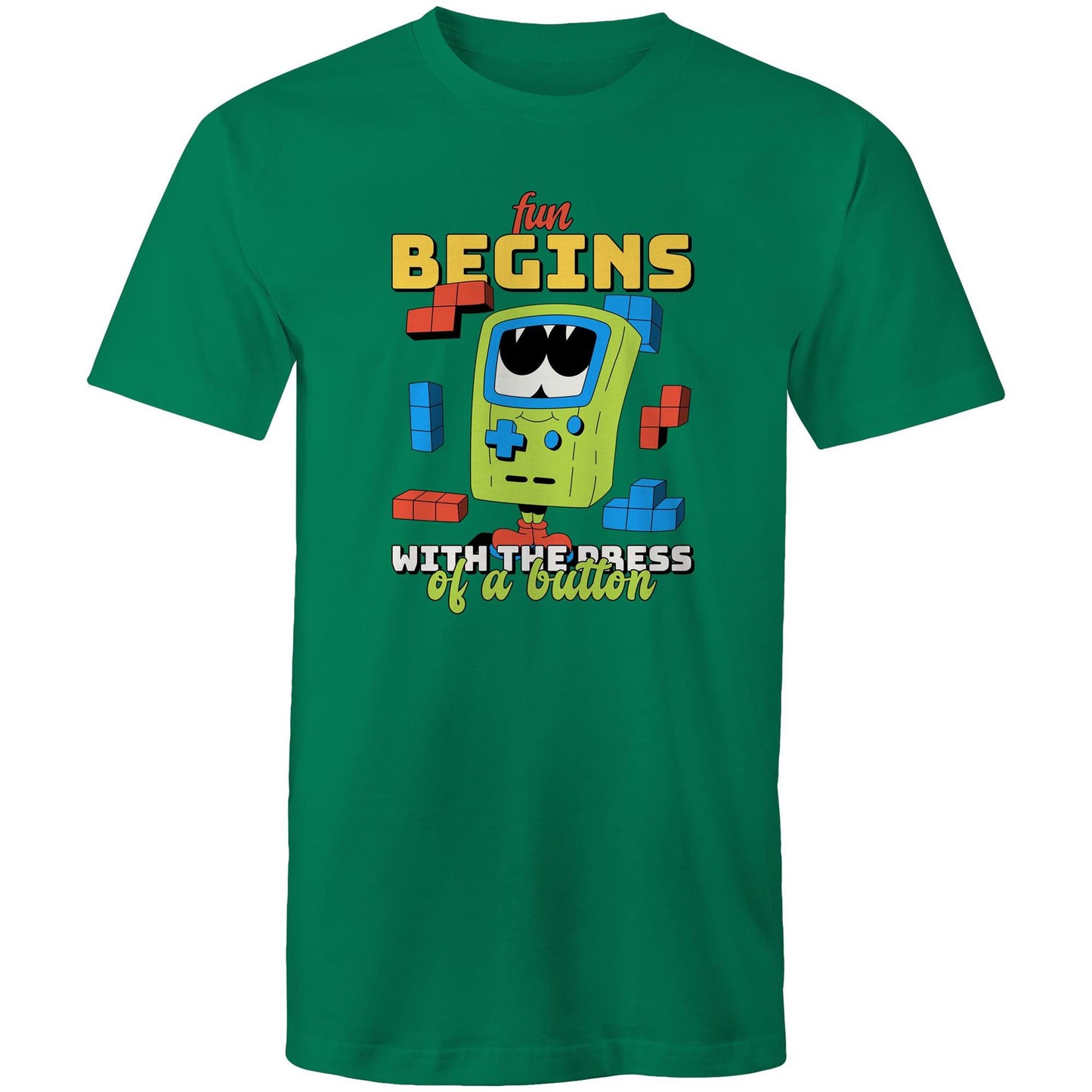 Fun Begins With The Press Of A Button, Video Game - Mens T-Shirt Kelly Green Mens T-shirt Games Printed In Australia