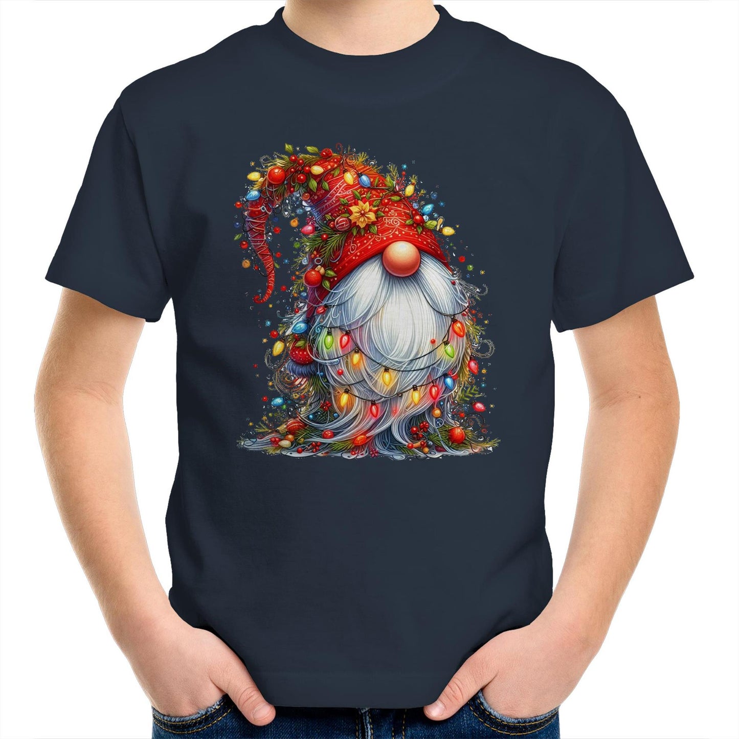 Christmas Gnome Wrapped In Lights - Kids Youth T-Shirt Navy Kids Christmas T-shirt Christmas Printed In Australia