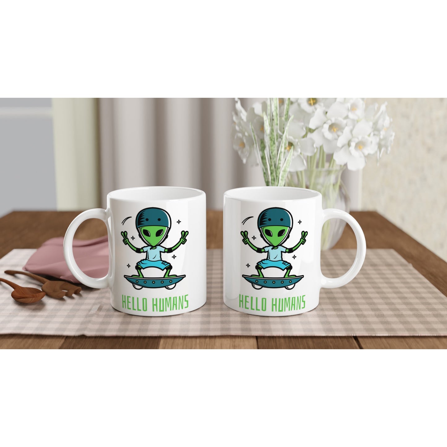 Hello Humans, Alien Skateboard - White 11oz Ceramic Mug White 11oz Mug Sci Fi