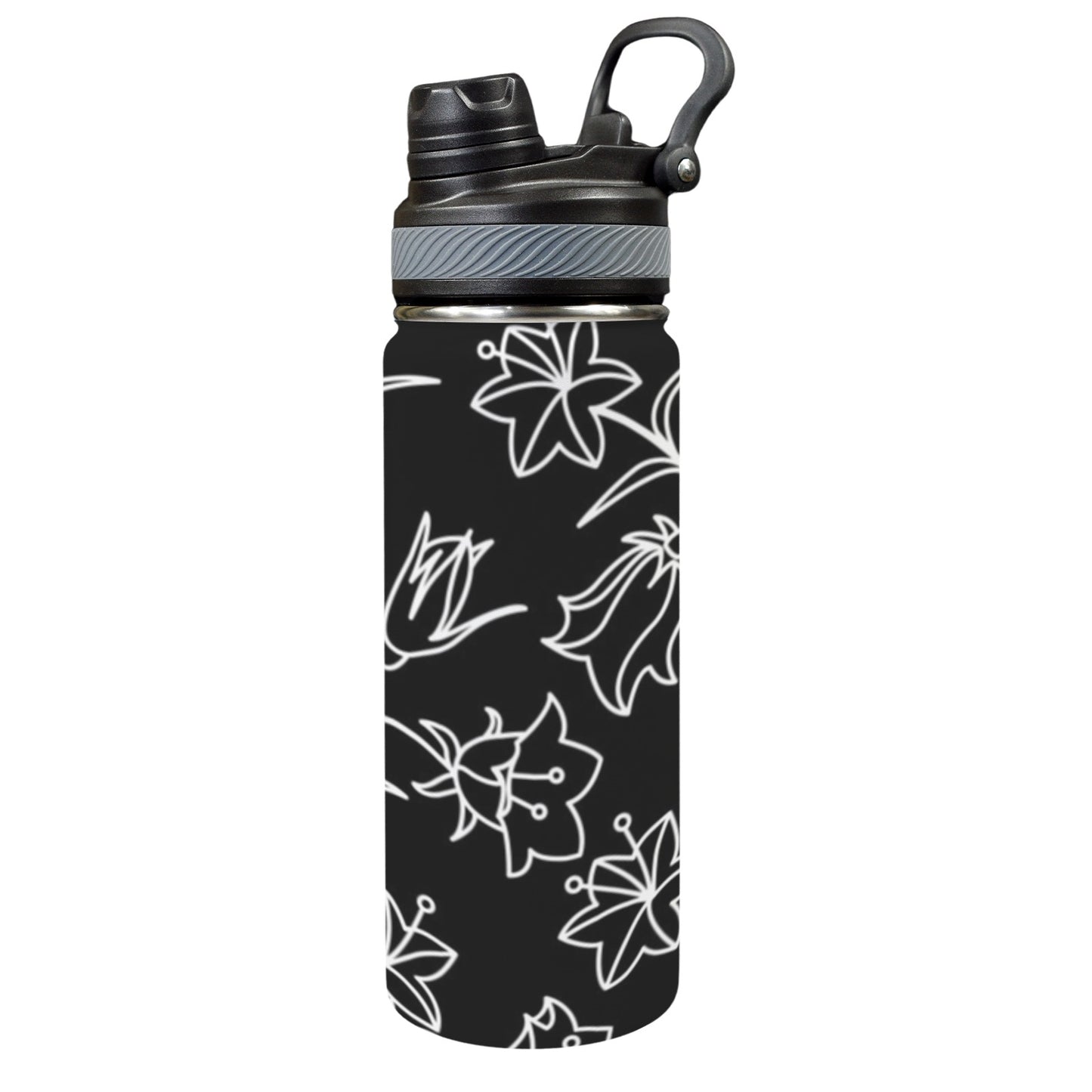 Black And White Floral - Insulated Water Bottle with Dual-Use Lid (18oz)