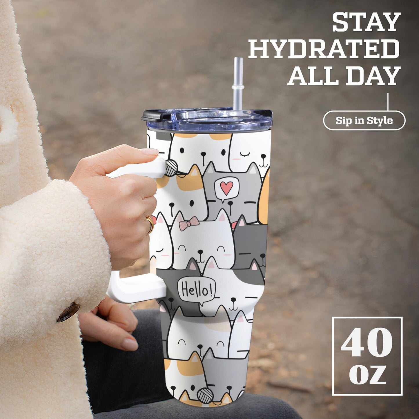 Cat Hello - 40oz Tumbler with White Handle