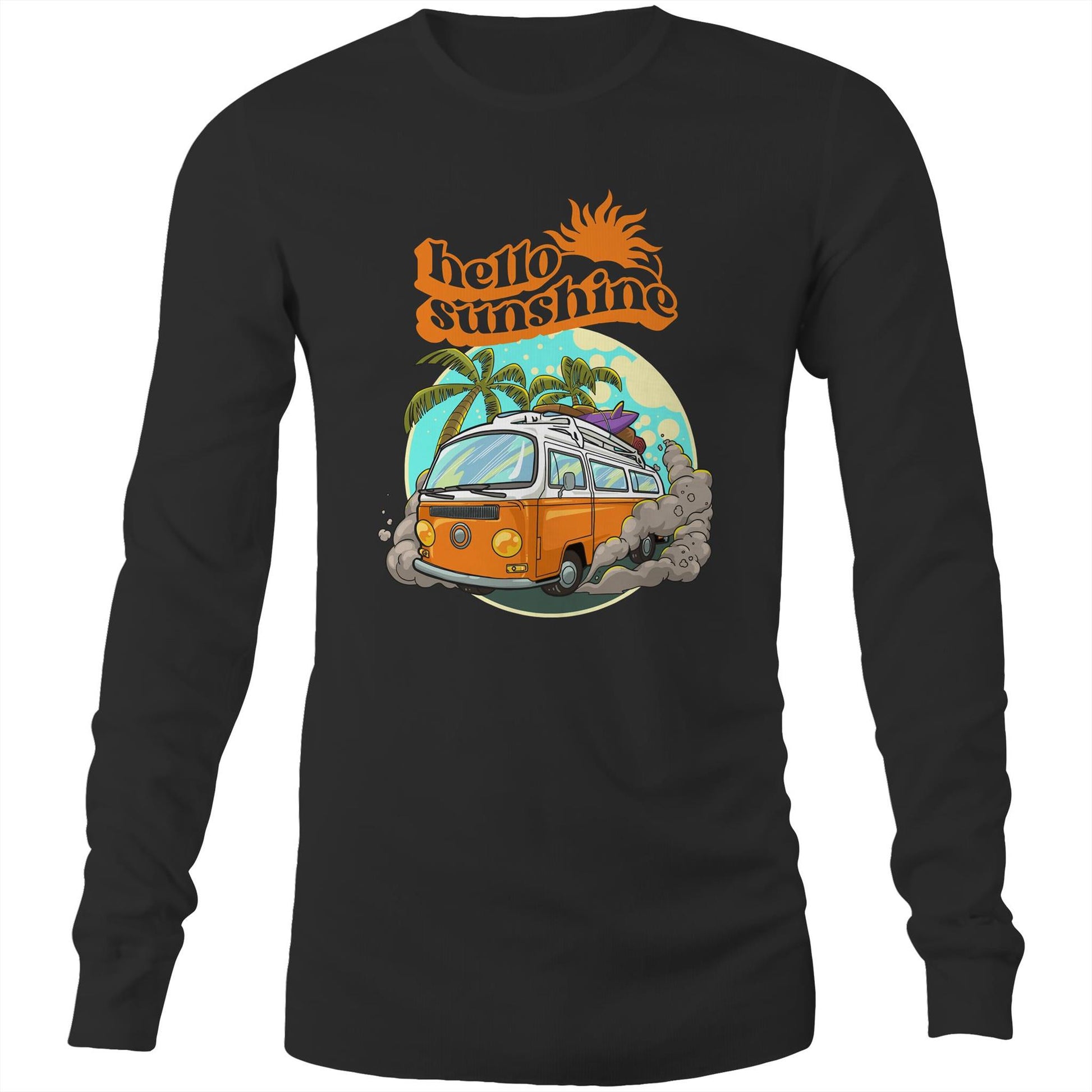 Hello Sunshine, Beach Van - Long Sleeve T-Shirt Black Unisex Long Sleeve T-shirt Summer Surf