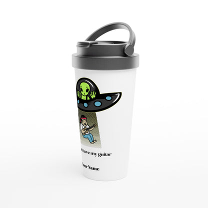 Personalised - Guitarist Alien Abduction - White 15oz Stainless Steel Travel Mug Personalised Travel Mug funny Music Sci Fi