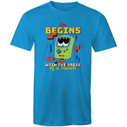 Fun Begins With The Press Of A Button, Video Game - Mens T-Shirt Arctic Blue Mens T-shirt Games Printed In Australia