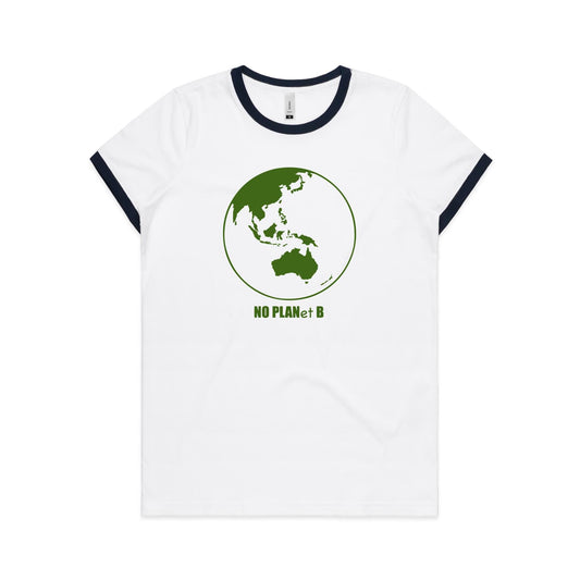 No Planet B, Earth - Women's Ringer Tee White Navy Womens Ringer T-shirt Environment Printed In Australia