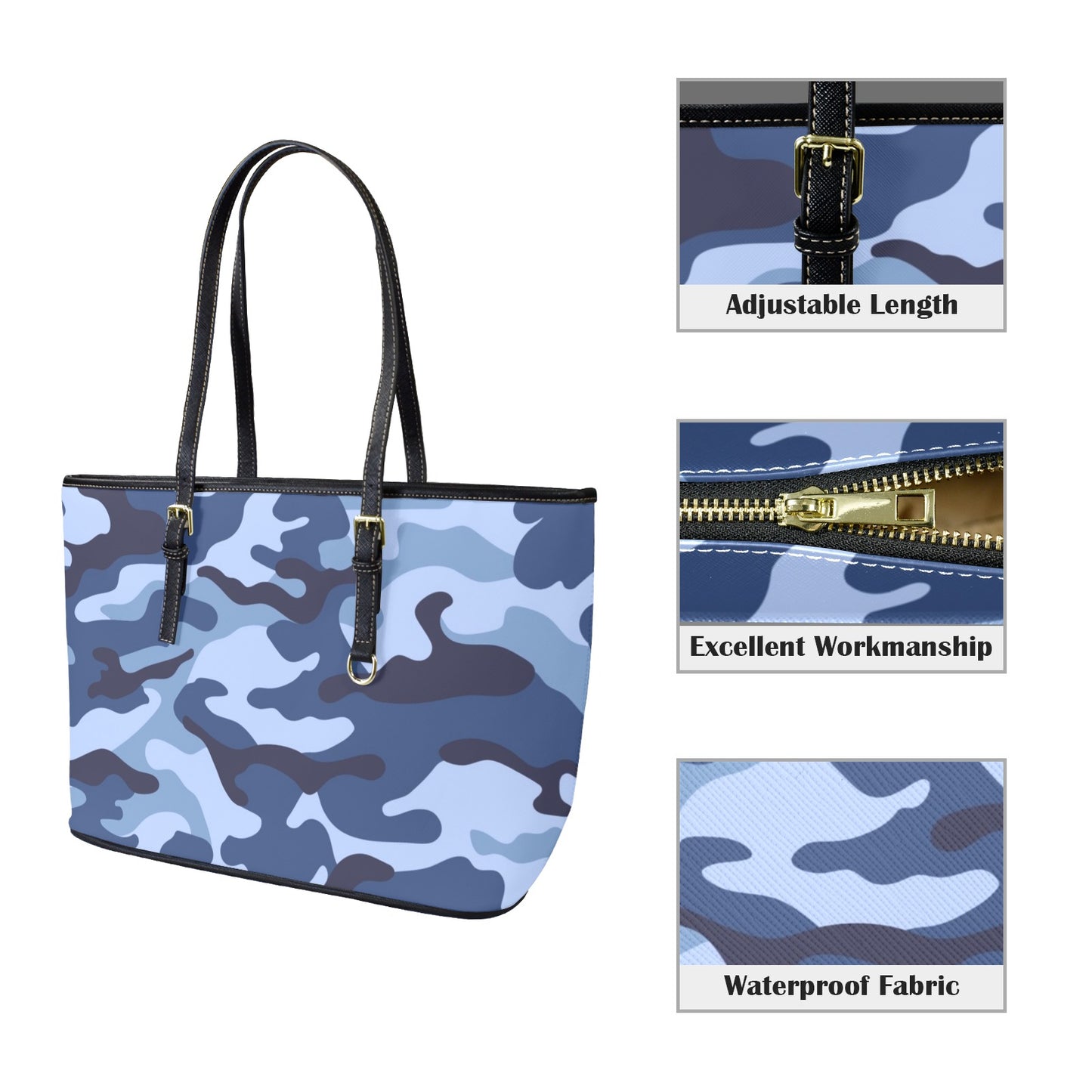 Blue Camouflage - Leather Tote Bag-Large