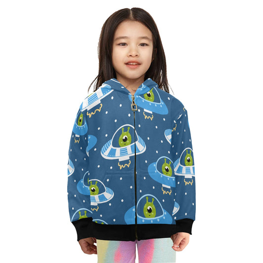 Cute Aliens in UFOs - Junior Girls Zip up Hoodie