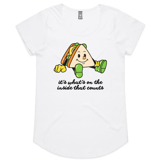 Sandwich, It's What's On The Inside That Counts - Womens Scoop Neck T-Shirt White Womens Scoop Neck T-shirt Food Motivation
